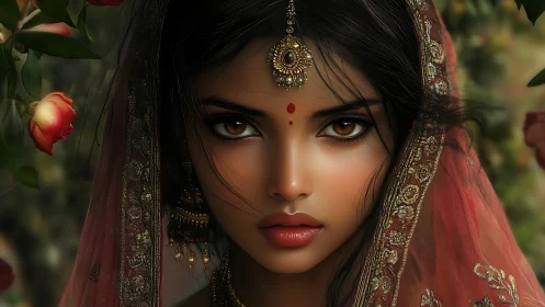 Bridal portrait with jeweled veil and intense cinematic gaze.