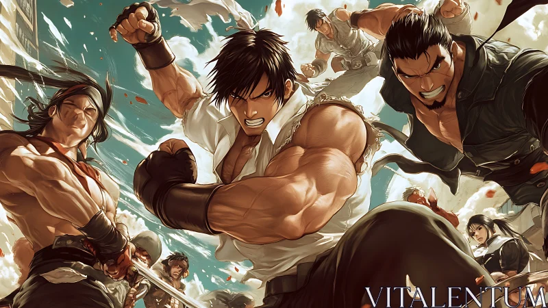 Martial artists in coordinated street combat scene.