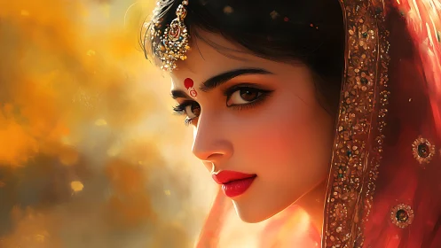 Gilded gaze in saffron light, a bridal portrait shimmering.