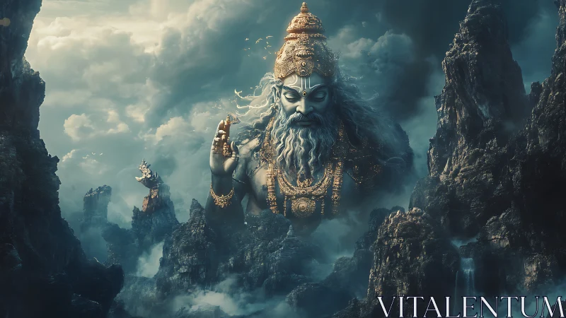 Mystic mountain god rising gently from swirling clouds.