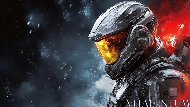 Armored space soldier with burning red thruster backdrop.