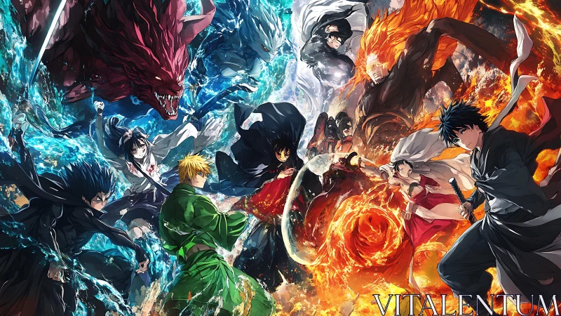 Elemental warriors clash within swirling fire and water vortex