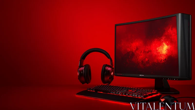 Immersive red gaming battlestation with curved monitor display.