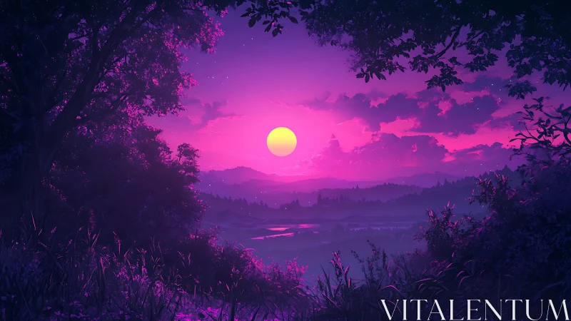 Neon moonrise over violet hills and dreaming forest valley.