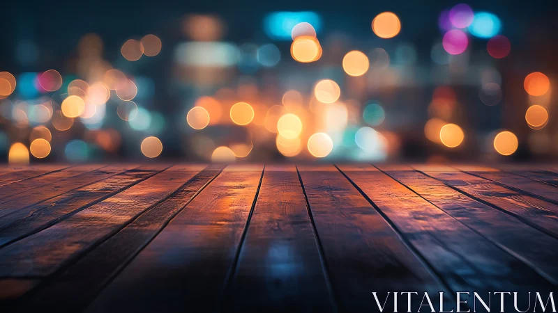 Wooden tabletop with shallow depth bokeh city lights glow