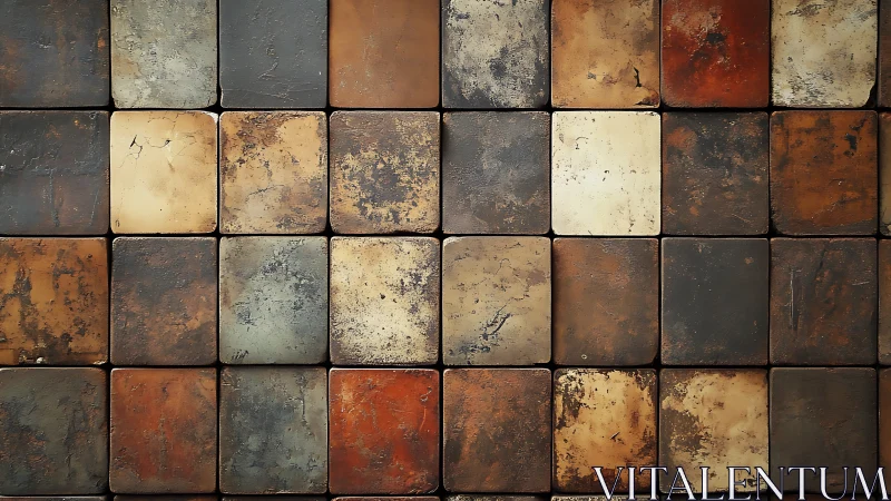 Weathered ceramic tile grid reveals rich industrial patina surface