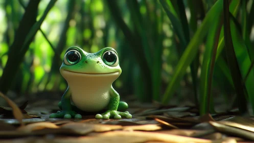 Bright-eyed forest frog resting in a cozy leaf tunnel.