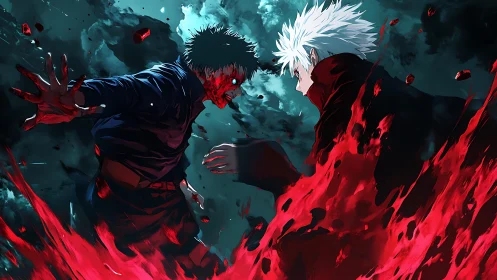 Fiery anime duel crackling with red energy and raw emotion.