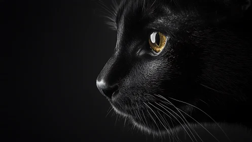 Black Cat Portrait with Amber Eyes Against Dark Background