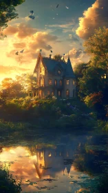 Sunlit storybook house glows beside a tranquil forest pond.