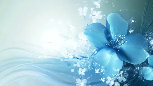 Digital rendering of luminescent blue flower with layered particle effects and flowing wave composit