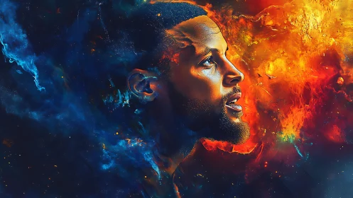 Vibrant male profile emerging from dual nebula cosmos.