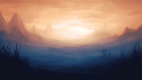 Ethereal sunrise over misty mountains in soft gradients.
