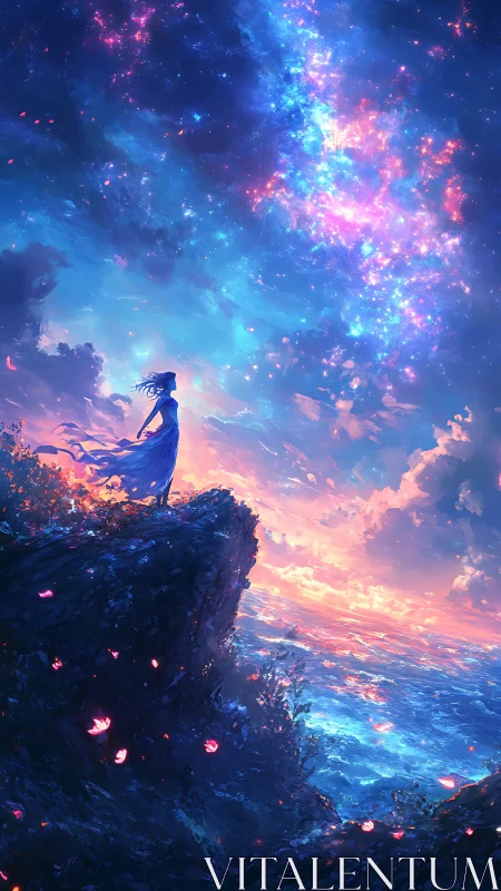 Starlit girl gazes over glowing sea and endless cosmic sky