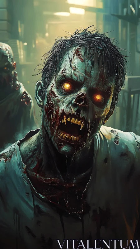 Bioluminescent-eyed zombie lunges forward in cinematic corridor