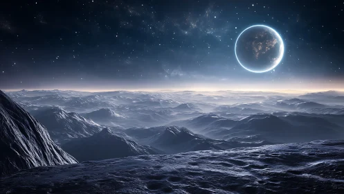 Rocky alien landscape under a distant luminous planet.