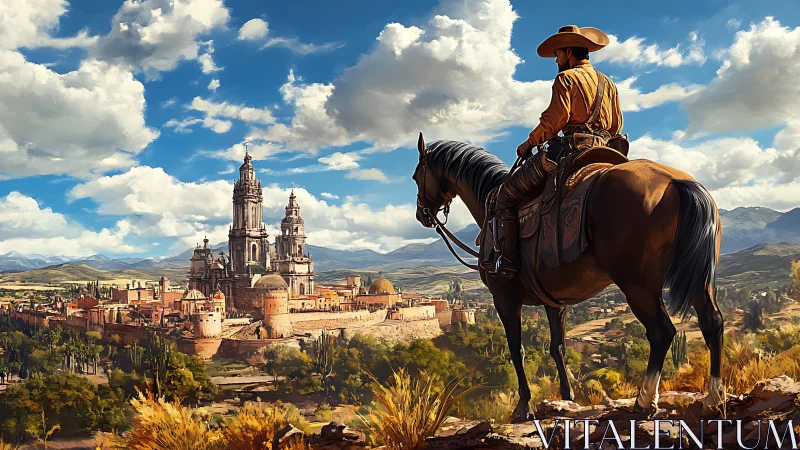 Cowboy on horseback overlooks sunlit Spanish-style cityscape.