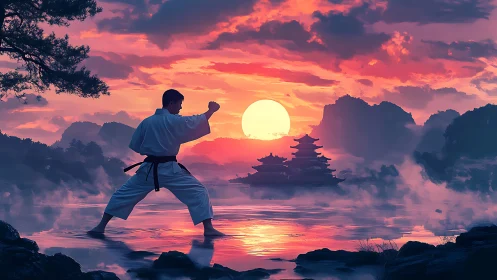 Sunset karate practice welcomes calm strength by the water