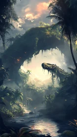 Sunlit dinosaur valley beneath a misty jungle archway.