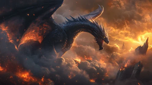 Inferno-crowned dragon storms a burning twilight kingdom.