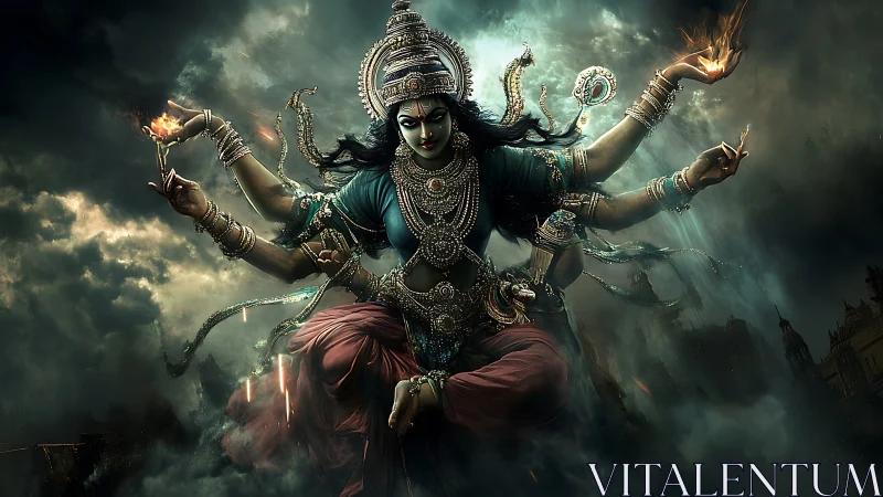 Multi-armed warrior goddess rendered in cinematic digital painting