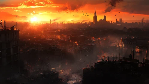 Sunset over a smoldering city, where ruins meet skyfire.
