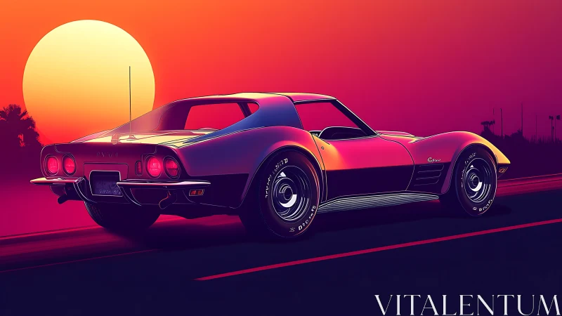 Retro sports car cruising under neon sunset glow.
