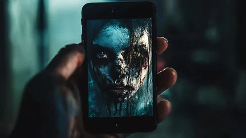 Cinematic smartphone closeup showing horror portrait on screen