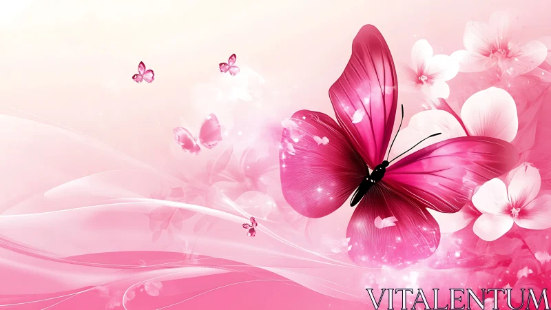 Pink butterfly glides through luminous floral waves