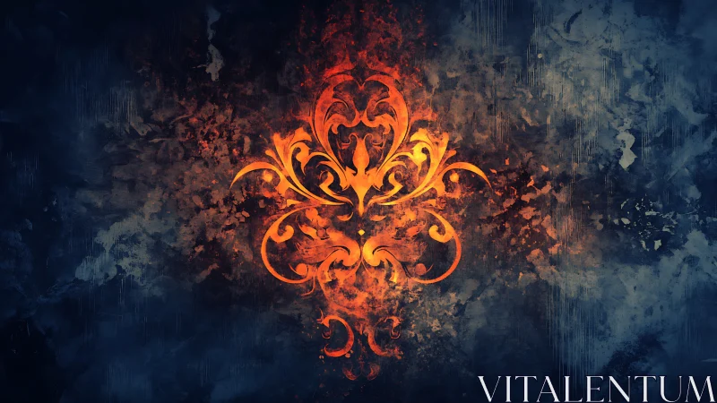 Fiery ornamental flourish burns against textured dusk field