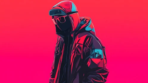 Hooded figure in stylized jacket stands against gradient field