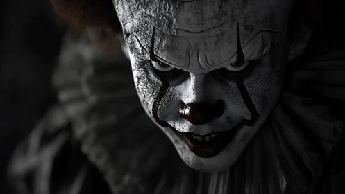 Close frontal view of sinister clown face in low light.