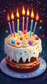 Luminescent Birthday Celebration Cake with Gradient Striped Candles, Spherical Confections, Iridesce