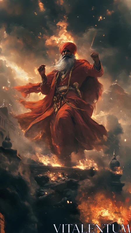 Fiery sage strides through storm-lit clouds of legend.