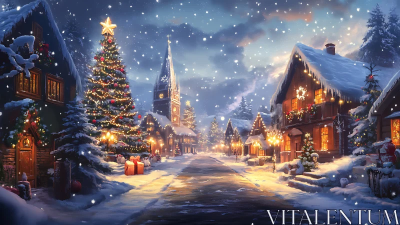 Snowlit Christmas village street glowing with festive wonder.