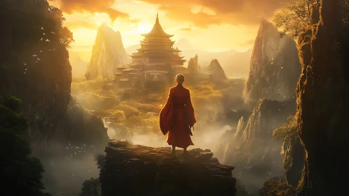 Golden sunrise welcomes a monk above a misty valley temple