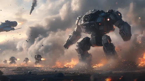 Heavily armored combat mech advances through incendiary warzone