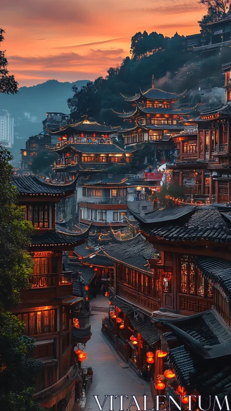 Lantern‑lit hillside street glows beneath a smoky sunset sky