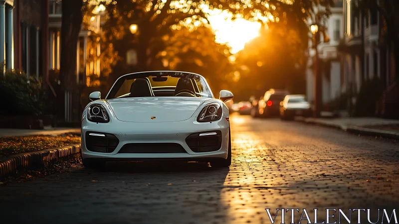 White convertible sports car framed by golden hour backlight