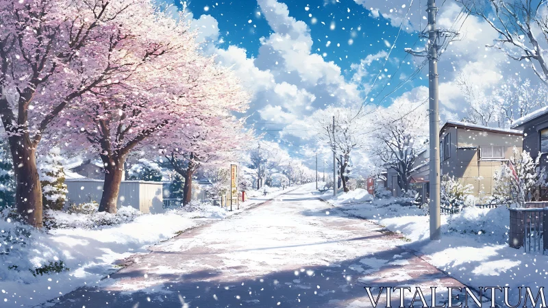 Snowy suburban lane glows under soft cherry blossom light