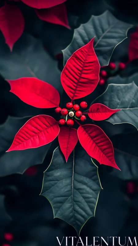 Crimson poinsettia macro study with deep teal foliage contrast.