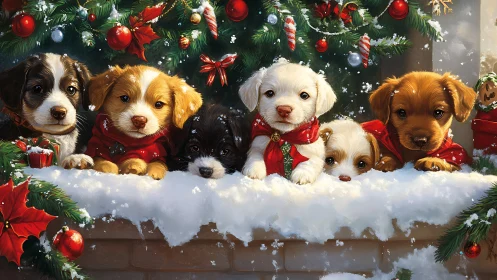 Puppies in red scarves by snowy decorated Christmas tree.