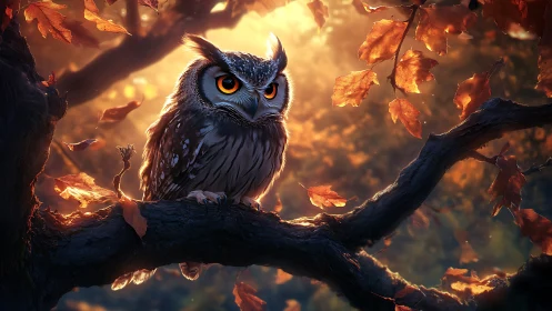 Majestic Owl on Autumn Branch in Warm, Dreamy Digital Art Style.