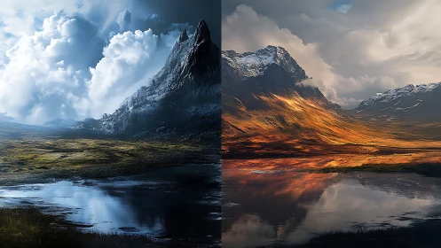 Contrasting mountain landscape in cold and warm light.