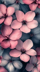 Pink and gray petaled flowers layered in dense botanical composition