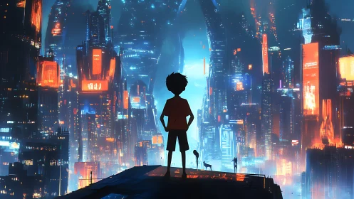 Cyberpunk skyline vista with silhouetted youth in neon glow.