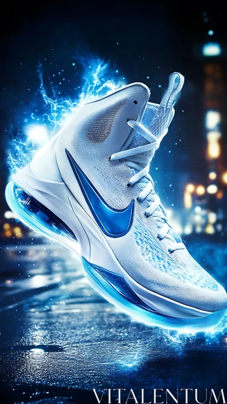 Electrified white sneaker in dynamic blue street glow.