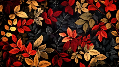 Autumn foliage pattern with red and gold leaves on black.