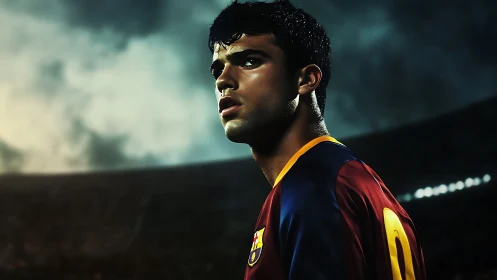Focused footballer stands under stormy stadium lights