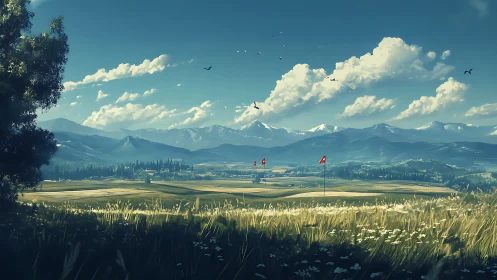 Digital landscape golf course under alpine mountain panorama.